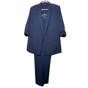 INC Navy Blue Plus Size Pant Suit XL Blazer Ruched 3/4 Sleeves 2 Piece Set Sz 16